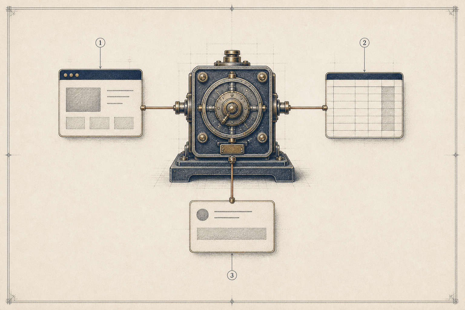 Technical plate showing one service core connected to multiple work surfaces
