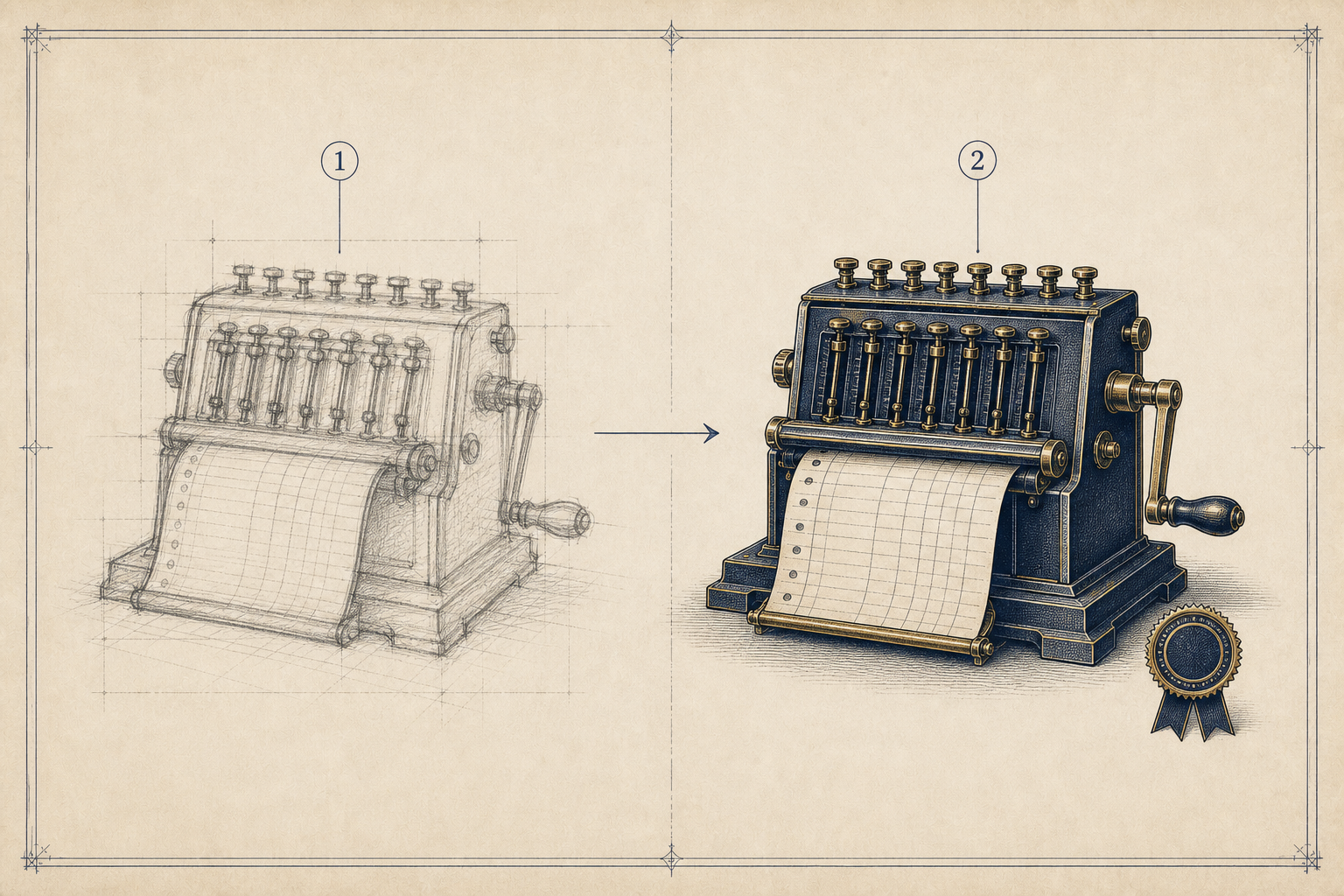 Technical plate showing a rough prototype becoming a production-ready instrument