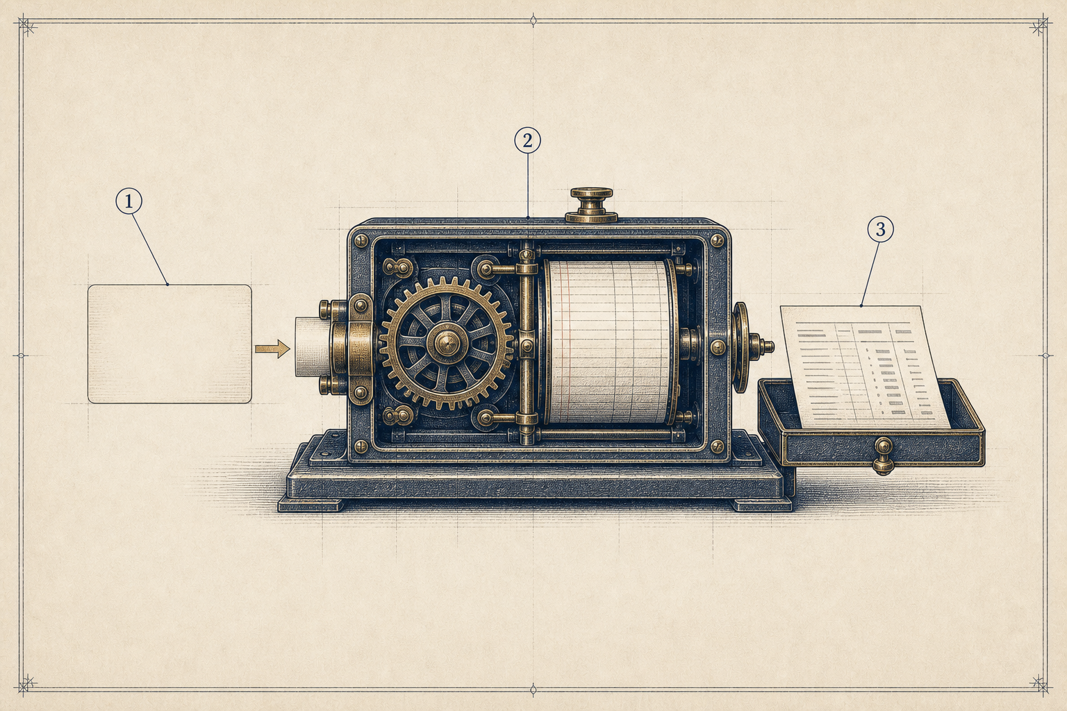 Technical plate showing a request entering a service machine and a finished report exiting